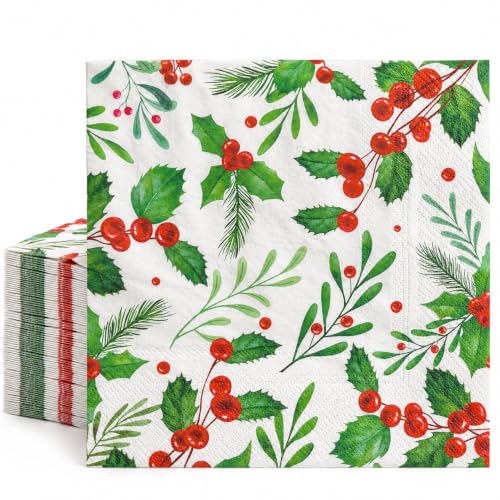 Christmas Holly Berry Paper Napkins - Red Green 50Pcs 6.5 x 6.5 Inch Holiday Tableware