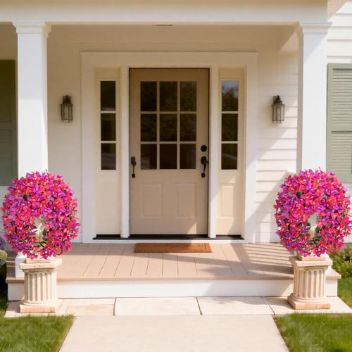 Artificial Bougainvillea Hanging Plants - 2 Pack Outdoor Faux Flowers, Fuchsia & Purple Hotpink