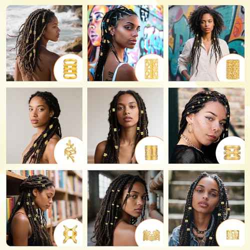 Tyqour 100pcs Gold Hair Cuffs and Rings for Braids and Dreadlocks