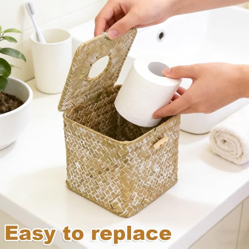 JBESUHI Square Whitewash Seagrass Tissue Box Cover - Rustic Woven Holder