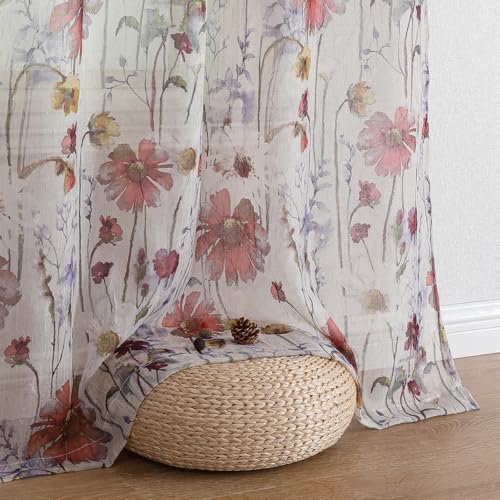 OVZME Crushed Floral Sheer Curtains - 2 Panels, 63 Inch Length