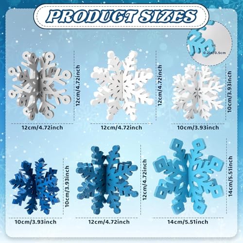 White Silver Blue Wooden Snowflake Decorations Set of 6 - 3D Christmas Table Decor