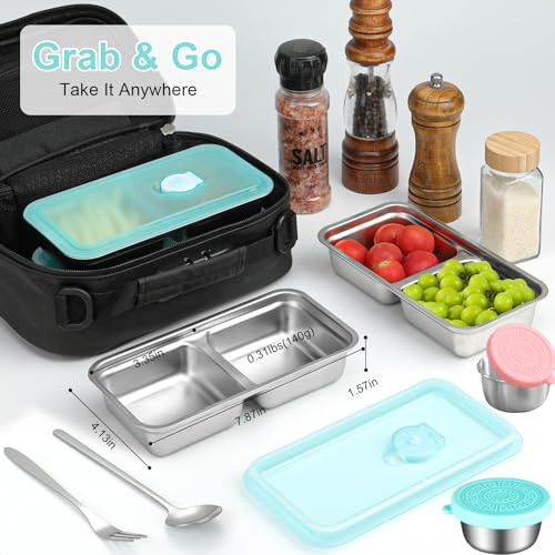 KITHELP Stainless Steel Double Compartment Snack Containers - Blue (2 Pack)