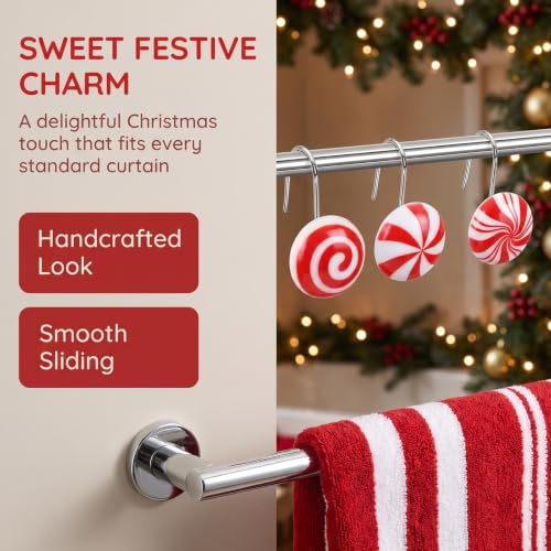 Candy Shower Curtain Hooks - Christmas Peppermint Red White Set of 12