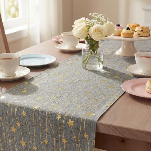 Artoid Mode Gold Stars Gray Burlap Table Runner 12x60 Inch