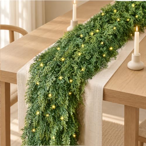 9FT Christmas Cedar Garland - Pre-Lit & Realistic Greenery with 8 Lighting Modes - Cascade Cedar Style, 2 Pack