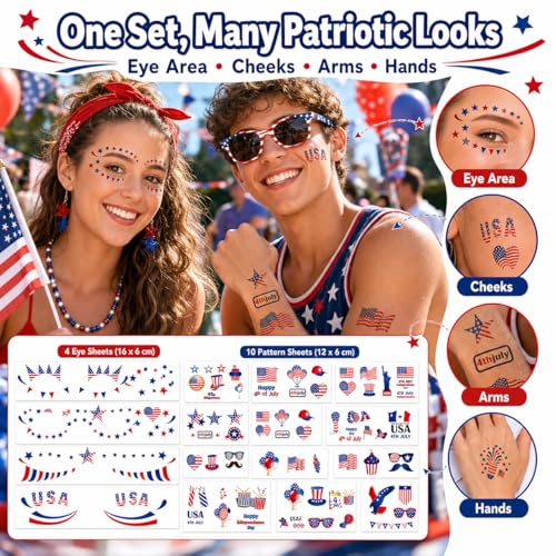 Patriotic Temporary Tattoos for Kids and Adults - 128+ Waterproof USA Designs