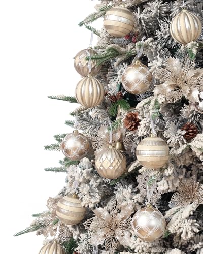 Velvet Christmas Ornaments 12Pcs - Champagne Gold & Cream Flocked Shatterproof Decorations