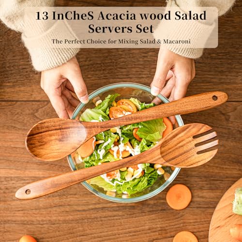 Gudamaye Acacia Wooden Salad Server Set - 13 Inch Salad Tongs with Fork & Spoon, Long Handle Salad Servers, Salad Mixing Utensils, Salad Servers