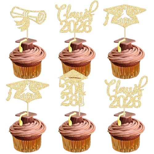 2026 Graduation Cupcake Toppers - 24Pcs Glitter Party Decorations