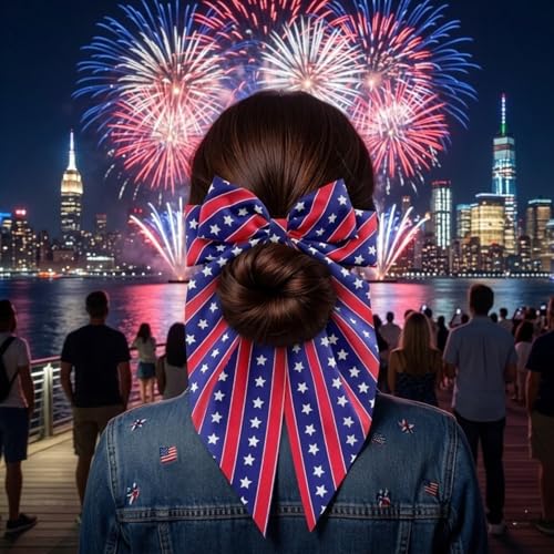 Patriotic Large Red White and Blue Hair Bow Clip with Long Tails