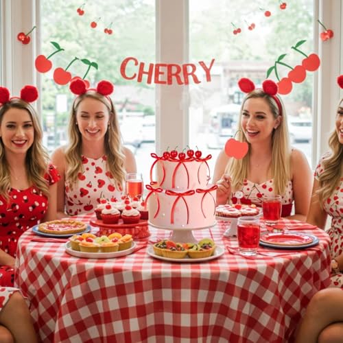 24 Pcs Fake Cherry Cake Toppers with Red Bows for Party Dessert Decor