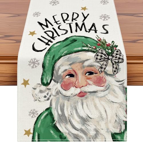 Artscope Christmas Table Runner Santa Claus Snowflakes 13x120 Green