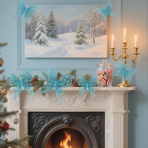 12-Pack 3D Glitter Butterflies for Christmas Tree Decor - 5 Inch