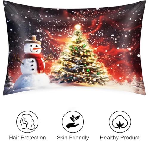 Christmas Satin Pillowcase for Hair and Skin, Snowman Design, Queen Size 20x30 Inch Glitter Tree, Breathable & Soft