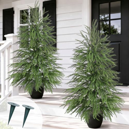 Green 2 Pack Artificial Norfolk Pine Topiary Trees with Ground Spikes - 3 FT