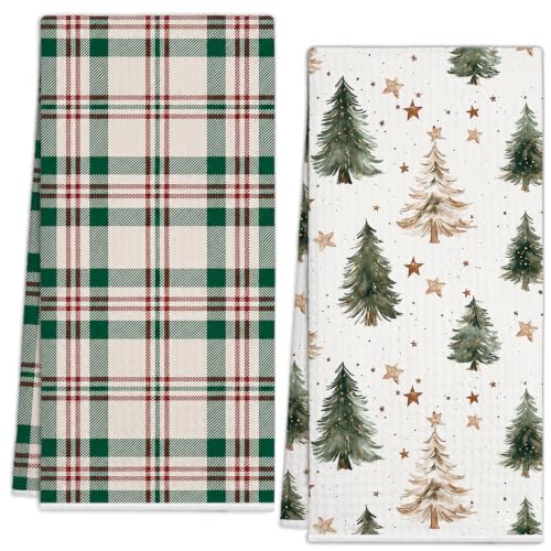 Retro Tree Snowman Hand Towels - Buffalo Plaid Christmas Kitchen Towels - Set of 2