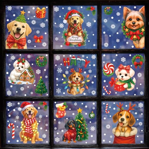 Christmas Window Clings Stickers - Dogs, Snowflakes, Xmas Tree Decorations - 9 Sheets Reusable Static Decals