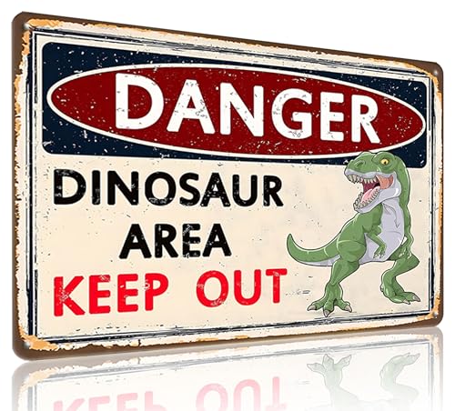 Dinosaur Danger Sign for Boys' Room - Vintage Metal Dinosaur Area Keep Out Sign, 8x12 Inches