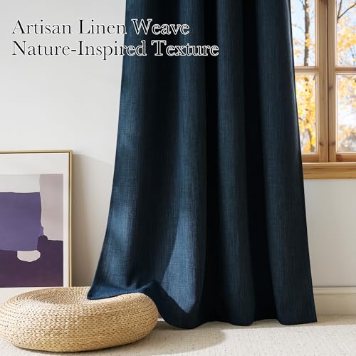 NICETOWN Navy Blue Faux Linen Blackout Curtains - 63" Grommet Panels for Privacy