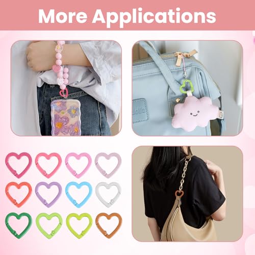 12 Pcs Heart Shaped Keychain Clip Cute Carabiner, Zinc Alloy Spring Snap Hooks for Keys, Bags, Camping, Hiking, Fishing, Travel, DIY Crafts, Fashion Accessories (12 Color)