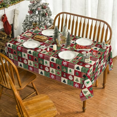 Christmas Tablecloth 60 x 140 Inch Rectangular Green Tree & Snow Holiday Decor - Red Variation