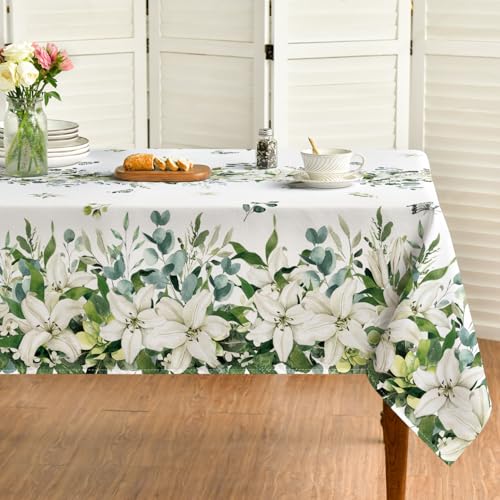 Spring Summer Eucalyptus Table Cloth 52x70 Inch Rectangular White - Durable Home Decor