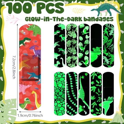 100 Pcs Glow in The Dark Bandages, Cute Breathable Waterproof Neon Adhesive Wraps with Dinosaur Designs for Cuts, Scrapes, and Wounds