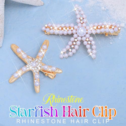CAKURE Gold Starfish & Seashell Hair Clips - Mermaid Hair Accessories (2 Pack)