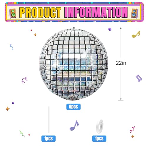 Adorely 22-Inch Laser Silver Disco Ball Balloons, 6-Pack 4D Foil Party Decor