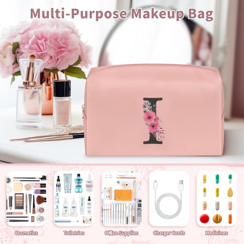 Initial Makeup Bag for Women - Personalized Waterproof PU Leather Travel Cosmetic Bag