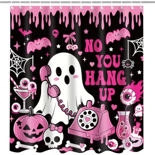 VISSTREE Halloween Pink Ghost Shower Curtain - Cute & Waterproof