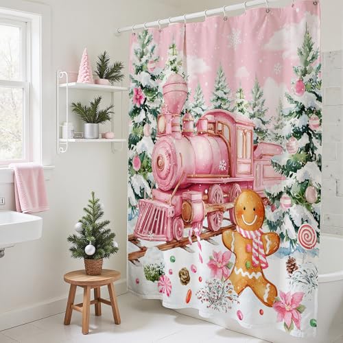 Christmas Shower Curtain - Gingerbread Train Design, 71x71in