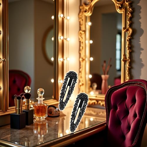 Black Crystal Snap Hair Clips, 3.15 Inch Sparkly Barrette Slides for Women
