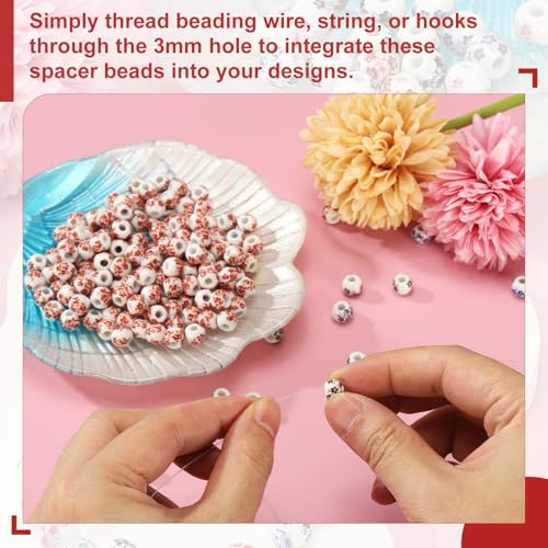 PATIKIL 50 Pcs 10mm Ceramic Flower Beads - Coffee Porcelain Round Beads for Jewelry Making DIY Crafts