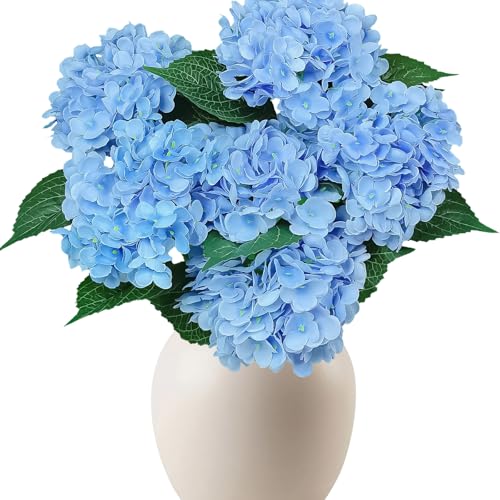 Blue Hydrangea Artificial Flowers Bouquets - 6pcs Silk Faux Floral Stems for Home & Wedding Decor