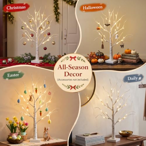 2FT Birch Tree Christmas Decor with LED Lights - Battery Powered Fairy Light Spirit Tree - 4 Pack