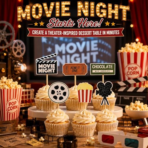 Movie Night Cupcake Toppers - 12PCS Glitter Decorations