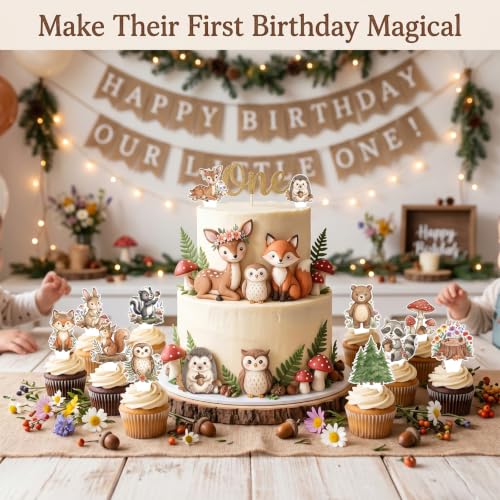 Woodland Baby Shower Cupcake Toppers 36 Pieces, Forest Animal Decor, Pre-Assembled