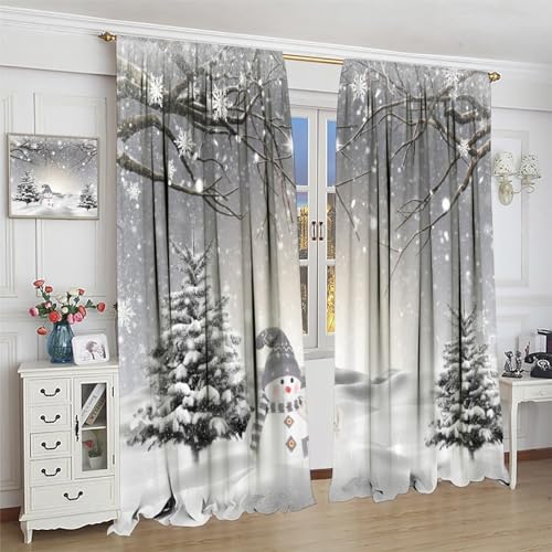 Winter Snowman Christmas Curtains Set - 21"W x 63"L, Pack of 2, Snowflake Tree Scene