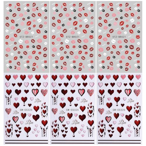 Valentine Nail Stickers - 6 Sheets 3D Self-Adhesive Heart & Lip Decals