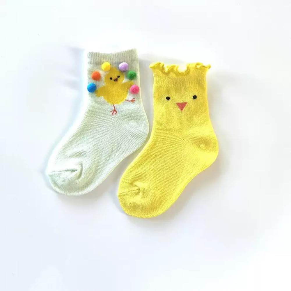 Skiennix Girls' Cozy Cotton Crew Socks - Fun Ruffle Design | Yellow Chick, Size 3-8 Years