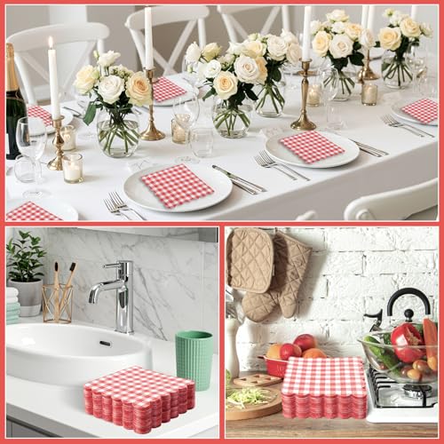 80 Pcs Red Gingham Scalloped Paper Napkins, 6.5 Inch Checkered Tableware