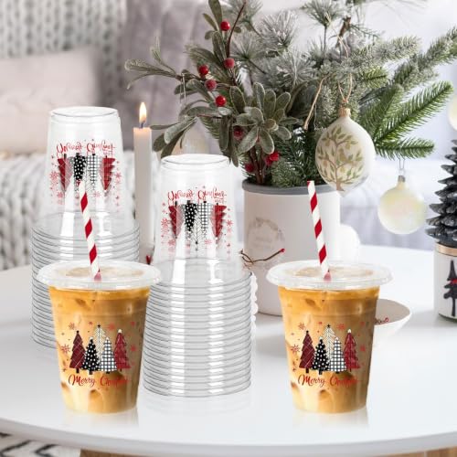 Christmas Tree Plastic Cups with Lids & Straws - Red & Black Holiday Party Supplies - 12oz - Variation of THIS listing