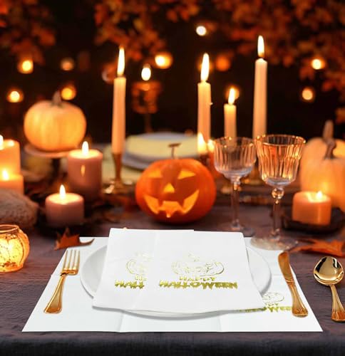 SietDESEO 25 PCS 3-Ply Halloween Napkins with Gold Foil Pumpkin