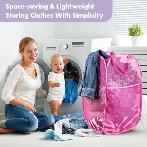 DUCOO 2-Pack Collapsible Mesh Laundry Hamper - 70L Foldable Pink Basket