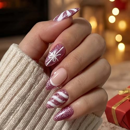 Christmas Press on Nails Medium Almond Fake Nails with Purple Glitter