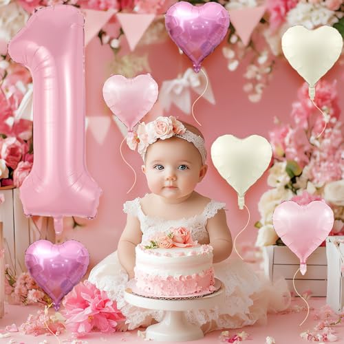 40-Inch Pink Number 1 Balloon Set with Heart Balloons for 1st Birthday