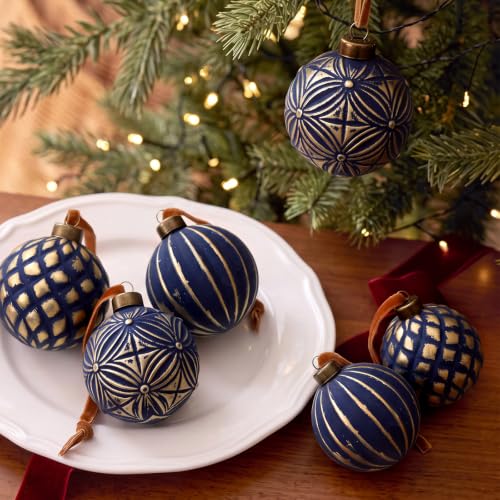 Navy Blue Vintage Christmas Ball Ornaments Set - 12 Pack with Gold Accents