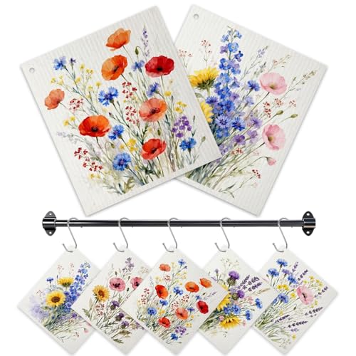 Multicolor Wildflower Swedish Dishcloths - 5 Pack with 3 Hooks